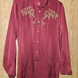 Red Button-Up Shirt with Gold Embroidery